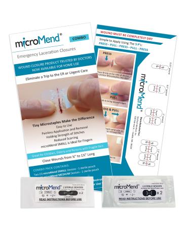microMend Emergency Wound Closures Surgical Quality Laceration Repair Without Stitches - Think Ahead - Be Prepared - Add to Your Survival Kit Camping Gear (Combo Pack - 2 Sizes: Small & Medium)