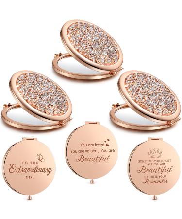 Chunful 3 Pieces Magnifying Compact Cosmetic Mirror 2.75 Inch Round Pocket Makeup Mirror Travel Handheld Compact Mirror Engraved Purse Mirrors with Inspirational Quote for Women Girls  Rose Gold