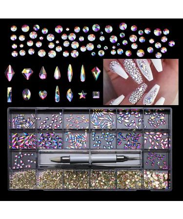 and Tweezer Round ab rhinestones Nail Gems and Rhinestones Crystal Rhinestones for Nail Nail Art Rhinestones Kit 21 Grids Multi Shapes Mixed(Transparentl AB)