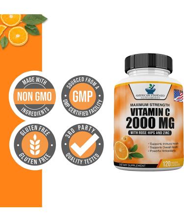 Vitamin C 2000mg with Zinc 40mg + Rose Hips Extract | Immune Support Booster for Adults | Vegan, Non-GMO | 120 Capsules - Buy Online on GoSupps.com