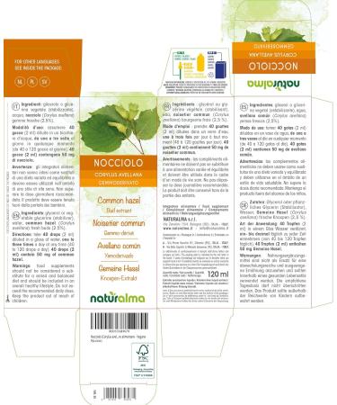 Common hazel (Corylus avellana) Gemmo-derived alcohol-free from fresh buds Naturalma - Liquid extract drops 120 ml - Food supplement - Vegan or vegan - Buy Online on GoSupps.com