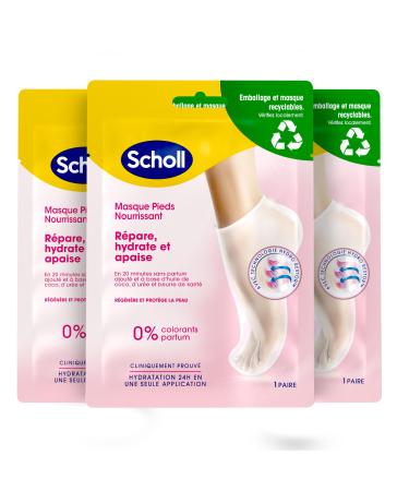 Scholl Foot Mask Set of 3 Nourishing Coconut Oil: Free from fragrances or dyes for dry skin. Non-greasy moisturizing socks easy to use. Recyclable packaging and mask