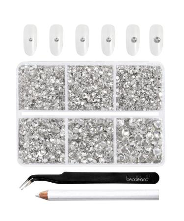 Beadsland 4300pcs Flatback Rhinestones,Clear Rhinestones Nail Gems Round Crystal Rhinestones for Crafts,Mixed 6 Sizes with Picking Tweezers and Wax Pencil Kit, SS6-SS20,Crystal