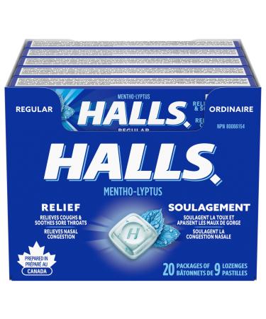 HALLS Regular Cough Drops Throat Lozenges Sore Throat Relief Mentho-Lyptus 9 Lozenges Cough Drops Regular 9 Count (Pack of 20)