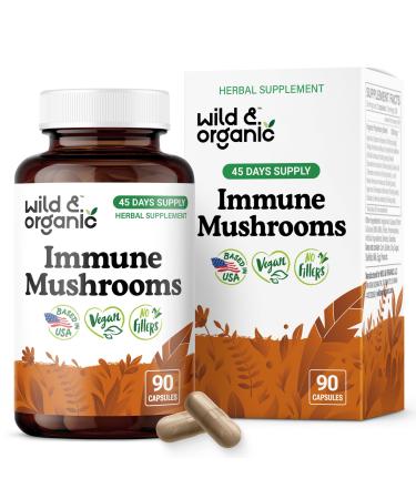 Wild & Organic Immune Mushroom Complex Capsules - 8 Mushroom Blend Supplements for Immunity Support with Turkey Tail Chaga & Reishi Powder - 45 Days Supply - Vegan No Fillers Non-GMO - 90 Count 90 Count (Pack of 1)