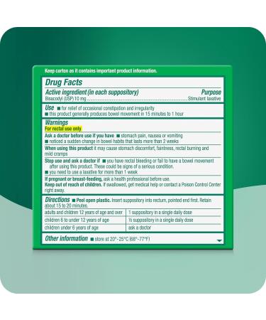 Dulcolax Stimulant Laxative Medicated Suppositories, Predictable & Effective Constipation Relief, Bisacodyl 10 mg, 4 Count 4 Count (Pack of 1) Suppositories - Buy Online on GoSupps.com