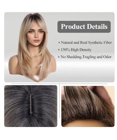 HAIRCUBE Ombre Blonde Shoulder Length Wig with Bangs | Synthetic Layered Wigs for Daily Party | Dark Roots | 24IN - Buy Online on GoSupps.com