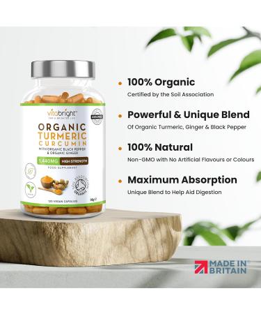 Organic Turmeric Curcumin 1440mg with Black Pepper & Ginger - Soil Association Certified - 120 Vegan Capsules - Made in UK by VitaBright - Buy Online on GoSupps.com