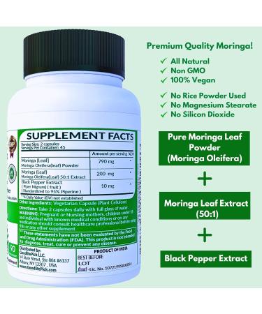 GoodlifePick Premium Moringa Capsules with Black Pepper. Moringa Oleifera Powder & 50:1 Moringa Extract for Maximum Benefits 90ct All Natural NonGMO No Rice Powder No Stearate No Silicon Vegan - Buy Online on GoSupps.com