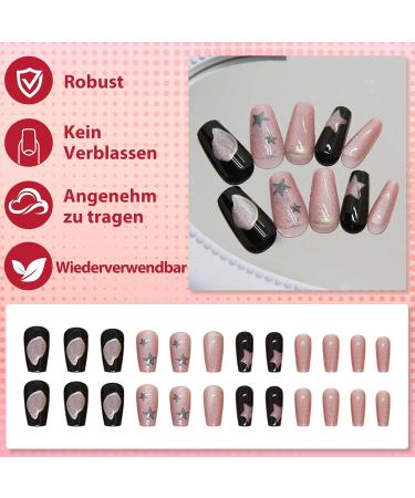 Buy Oval Short Artificial French Press-On Nails - Mrcuvaryas Soft Gel Nail Tips with Pink Stars | International Shipping - Buy Online on GoSupps.com