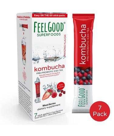 FeelGood Superfoods Mixed Berries Kombucha Iced Tea Packets - 7 Pack Probiotic Supplement for Gut Health - Buy Online on GoSupps.com