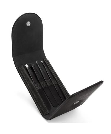 Precision Tweezers Kit - 4-Piece Professional Set for Eyebrow Grooming and Hair Removal with Case & Mirror - Slant, Pointed, Curved, and Flat Tips - Black - Buy Online on GoSupps.com