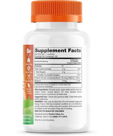 Doctor's Best Kids Vitamin D3 Gummies - All Natural Fruit Flavors, 25 mcg (1000 IU), 60 Pectin Gummies - Buy Online on GoSupps.com