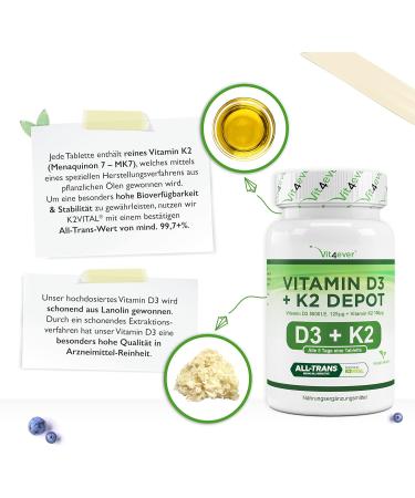 Buy Vitamin D3 + K2 Depot - 180 Tablets | Premium 99.7% All-Trans K2Vital | 5000 I.E. Per Tablet | High Dose & Laboratory Tested - Buy Online on GoSupps.com