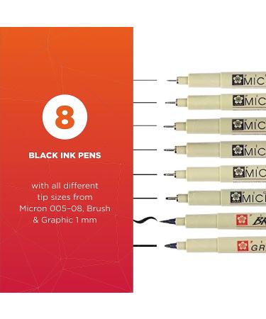Sakura Pigma Micron Fineliner Pens - Black Ink - 8 Assorted Point Sizes - Ideal for Writing, Drawing, Journaling - 8 Pack Black - Buy Online on GoSupps.com