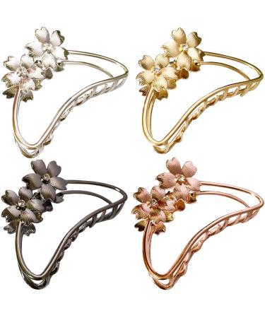 TANG SONG 4PCS Double Flowers Shaped Metal Hair Claw Clips Hair Catch Barrette Jaw Clamp for Women Half Bun Hairpins for Thick Hair (Silver+Gold+Rose Gold+Black) Double flower shape