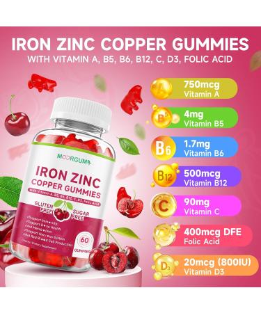 Iron Zinc Copper Supplements for Women & Men Mineral Gummies with Vitamin A B5 B6 C D3 B12 for Adults & Kids Boost Energy Support Immunity & Bone Health Sugar Free Cherry Flavor 60 Count - Buy Online on GoSupps.com
