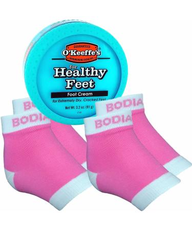 Bodiance Moisturizing Gel Heel Socks or Sleeves, 2 Pairs, Pink, Large, O'keeffe's Healthy Feet Foot Cream for Cracked Heels, Callus Treatment Bundle