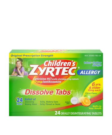 Children's Zyrtec 24 Hour Dissolving Allergy Relief Tablets with 10 mg Children's Cetirizine Hydrochloride, Citrus Flavored Dissolvable Allergy Tablets with Antihistamine for Kids, 24 ct