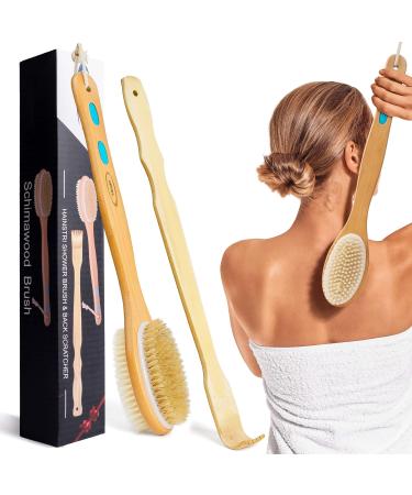 Hainstri Body Shower Brush & Bamboo Back Scratcher Set for Men, Women and Kids, Dual-Sided Brush Head for Wet or Dry Brushing, Anti-Slip Handle, Cardboard Gift Wrapped