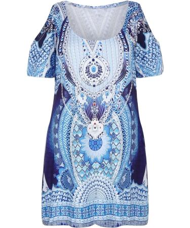 LADIGASU Women's Cold Shoulder T-shirt Dress - Large Blue | Summer Casual Boho Mini Sundress for Beach | Short Sleeve U Neck Style - Buy Online on GoSupps.com