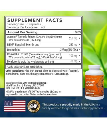 Vital Plan Joint Care Supplement | Shellfish-Free Clinical-Grade | Acumin Turmeric, Boswellia, Bromelain & Hyaluronic Acid | 180 Capsules - Buy Online on GoSupps.com