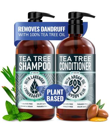 NATURALA Tea Tree Shampoo and Conditioner Set for Dry, Itchy Scalp - Sulfate Free Shampoo and Conditioner with Tea Tree, Peppermint, and Lavender Essential Oils - Anti-Dandruff Shampoo For All Hair Types, Men and Women - 1…