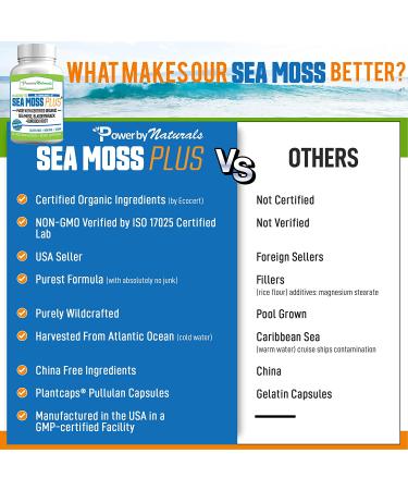 Power By Naturals Certified Organic Sea Moss Plus Supplements - 60 Vegan Capsules with Irish Sea Moss, Bladderwrack, and Burdock Root for Pure and Potent Seaweed Blend - Buy Online on GoSupps.com