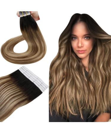 Hetto Tape Extensions Real Hair Balayage Blond Hair Grossing Tape Real Hair smooth tape in extensions real hair Remy Tape Extensions Balayage Karamellblond with black #1b/6/27 50cm 50g 50 cm 1-2 #1b/6/27
