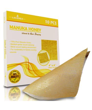 AWD Manuka Honey Gauze Dressing - 100% Impregnated Medical Grade Honey Patches - Medical Supplies Wound Care and First Aid - Gauze Pads 10 Count (4x4)