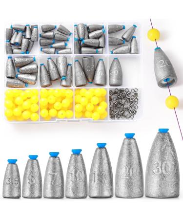 Vepepe 50 pieces Texas and Carolina Rig 7 Sizes weights fishing 0.12/0.25/0.35/0.5/0.71/1.06 OZ dropshot lead with 100 grain fish beads and 20 fishing swiveling