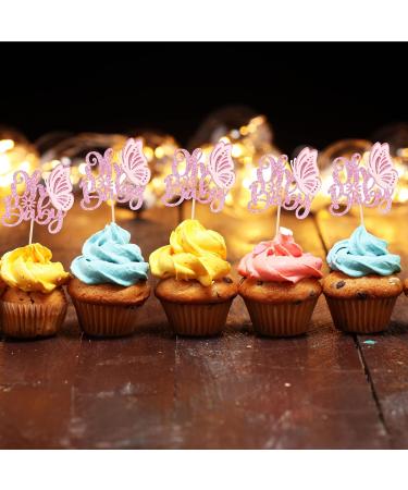 Gyufise 36Pcs Pink Glitter Butterfly Oh Baby Cupcake Toppers 3D Butterfly Baby Shower Cake Pick Decorations for Butterfly Theme Baby Shower Kids Boys Girls Birthday Party Supplies - Buy Online on GoSupps.com