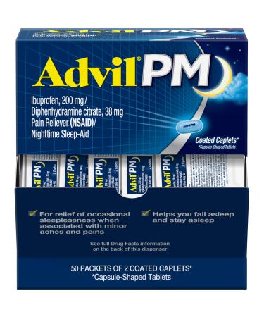 Advil PM Pain Reliever and Nighttime Sleep Aid, Pain Medicine with Ibuprofen for Pain Relief and Diphenhydramine Citrate for a Sleep Aid - 50x2 Coated Caplets