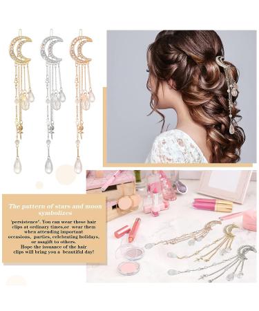 Moon Crystal Rhinestone Hair Accessories Set - 6 Pcs Moon Barrette, Star Tassel Hair Clip, Charms Hair Chain Jewelry for Women and Girls in Silver, Gold, Rose Gold - Buy Online on GoSupps.com