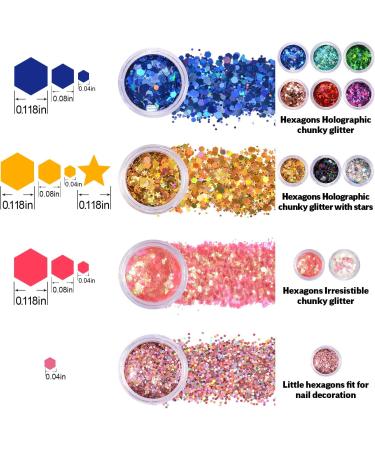 Warmfits Holographic Chunky Glitter Set A - 12 Colors 120g for Face, Body, Eyes, Hair, Nails - Festival Glitter Stars and Hexagons - 4.23oz (Pack of 12) - Buy Online on GoSupps.com