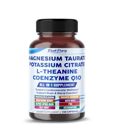 Ultra Magnesium Taurate Potassium Citrate L-Theanine & CoQ10 All-in-1 Supplement for Heart Brain & Nerve Support 150 Capsules 150 count (pack of 1)