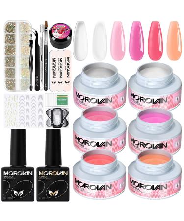 Morovan Gel Builder for Nails- 6 Colors Builder Nail Gel Kit Hard Gel for Nails Gel Extension Nail Kit Hard Gel Builder for Nails with Base Coat Top Coat and Other Manicure Tools 6 Colors Builder Gel Kit