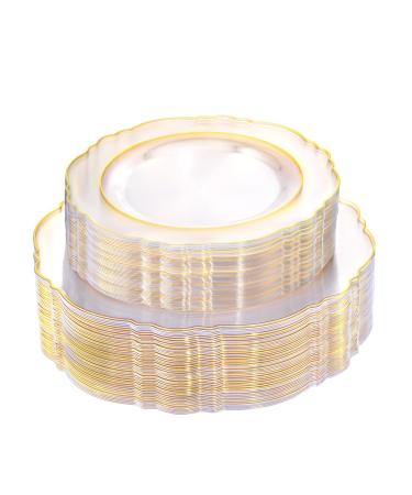 WDF 100pcs Clear Plastic Plates With Gold Trim - Baroque Clear Gold Disposable Plates for Parties or Wedding - including 50PCS Dinner Plates 10.25inch and 50PCS Salad Plates 7.5inch Clear Gold 100 Pcs