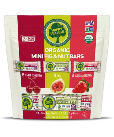Happy Village Organic Mini Fig & Nut Bars, VARIETY (24 Packs, 0.7 OZ each), No Refined Sugar, Kosher, Non-GMO, Gluten Free, Vegan, Good Source of Fiber Snack Bars (8 Tart Cherry, 8 Fig, 8 Strawberry) Variety Pack (24 mini bars)