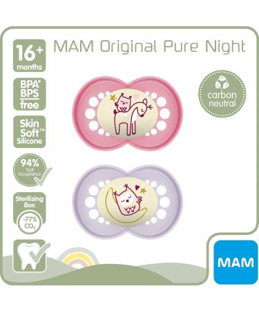 MAM Original Pure Night Soother 16+ Months (Set of 2) SkinSoft Silicone Teat, Glow in the Dark, Sustainable and Bio-Renewable, Pink/Purple (Designs Vary) - Buy Online on GoSupps.com
