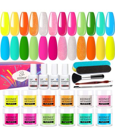 REDNEE 21 Pcs Dip Powder Nail Kit Starter - 12 Sharp Neon Colors Quick Dry Dipping Powder Essential Kit with Everything Needed for Nail Art Design RE37