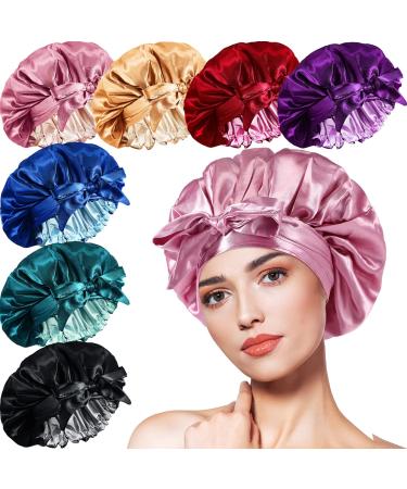 8 Pcs Silk Satin Bonnet for Sleeping with Wide Tie Band Satin Sleep Hair Bonnet Double Layer Silk Hair Wrap Sleep Cap for Long Curly Hair  7 Colors Multicolor