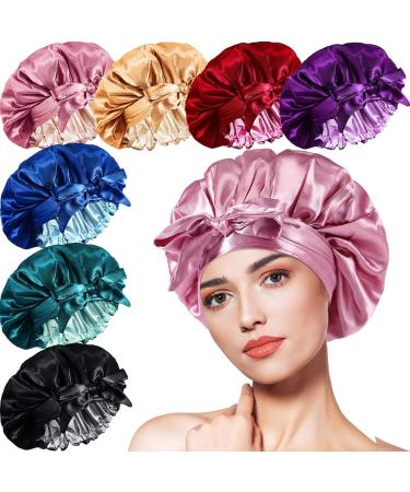 8 Pcs Silk Satin Bonnet for Sleeping with Wide Tie Band Satin Sleep Hair Bonnet Double Layer Silk Hair Wrap Sleep Cap for Long Curly Hair  7 Colors Multicolor