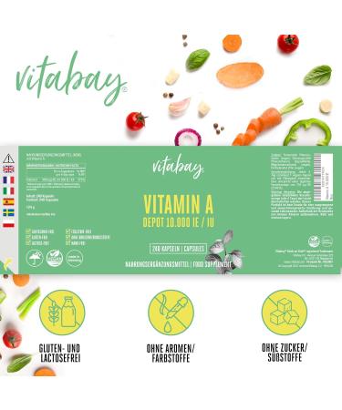 Vitabay Vitamin A High Dose Capsules - 240 Vegan Capsules (10 000 IE / 3 000 g) - Premium Retinol Supplements for Optimal Health - Buy Online on GoSupps.com