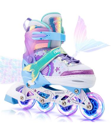 NEMONE Mermaid or Bunny Strawberry 4 Size Adjustable Light up Inline Skates for Girls, Purple Blue Blades Roller for Kids, Indoor Beginner Inliner Outdoor A-Mermaid Medium - Big Kid - Buy Online on GoSupps.com