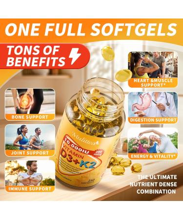 Plant-Based D3 K2 Vitamin 10000 IU w/ Virgin Coconut MCT Oil - 200 mcg MK7 Vitamin K2 Non-GMO for Ultimate Absorption - Bone Immune & Heart Health - Easy to Swallow D & K Supplement - 250 Softgels 250 Count (Pack of 1) - Buy Online on GoSupps.com