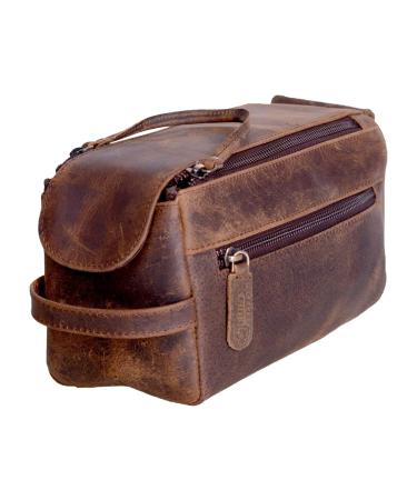 KOMALC Premium Buffalo Leather Unisex Toiletry Bag Travel Dopp Kit Distressed Tan