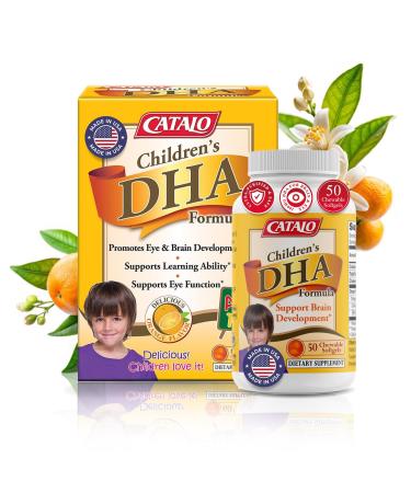 CATALO Children's DHA Formula Fish Oil Supplements Chewable Softgels 200mg DHA per Serving Omega-3 Natural Orange Flavor for Kids for Brain Function & Eye Development Easy to Take 50 Softgels