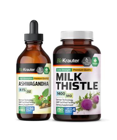BIO KRAUTER Ashwagandha Tincture 4 Fl. Oz. & Milk Thistle 250 Capsules