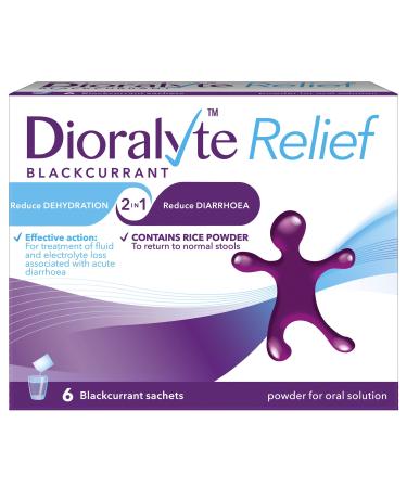 Dioralyte Relief Blackcurrant - Fast and Effective Rehydration Treatment to Help Replace the Loss of Body Fluid and Electrolytes (minerals and salts) - Blackcurrant Flavour- 6 sachets